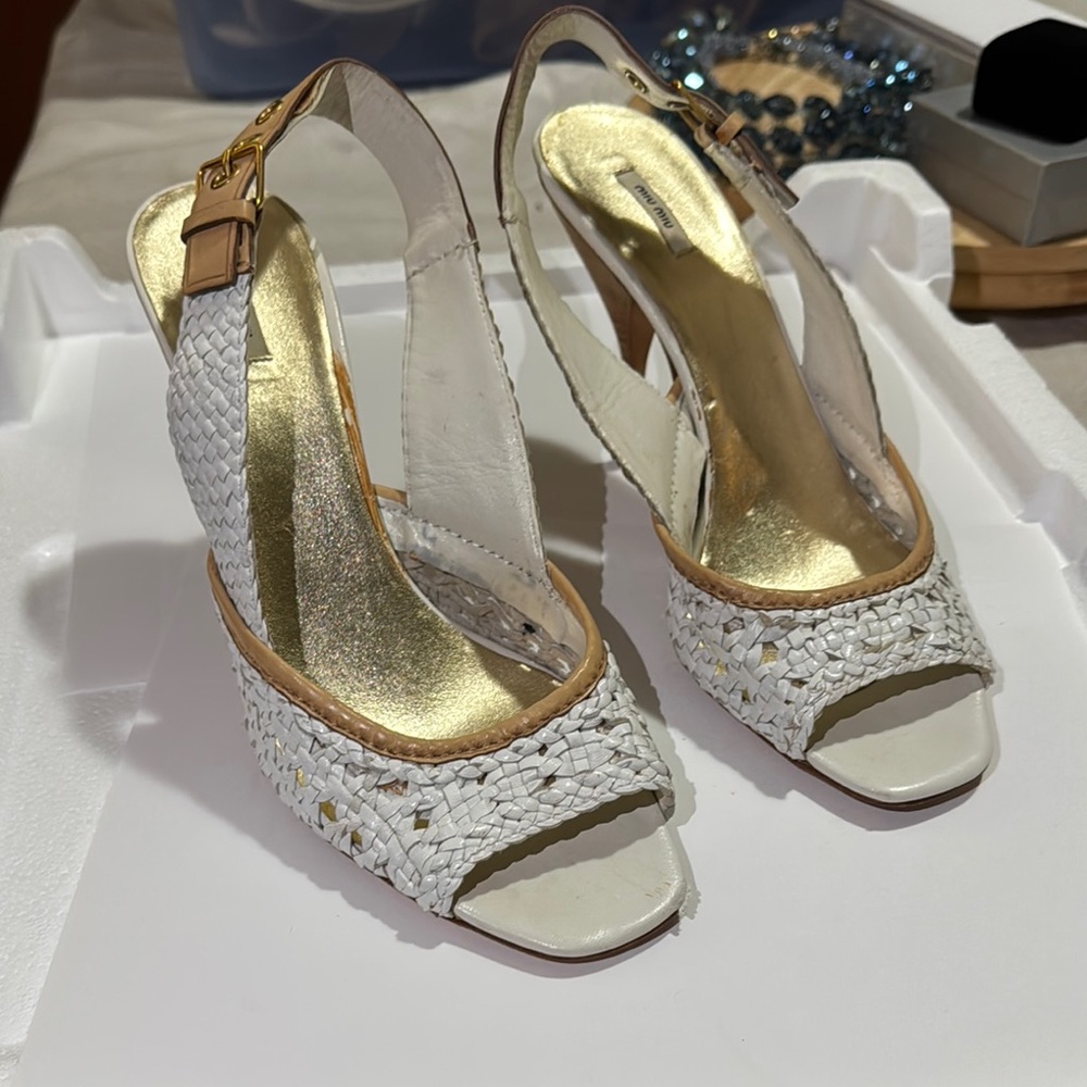 Min Miu Elegant White Woven Women's Heels